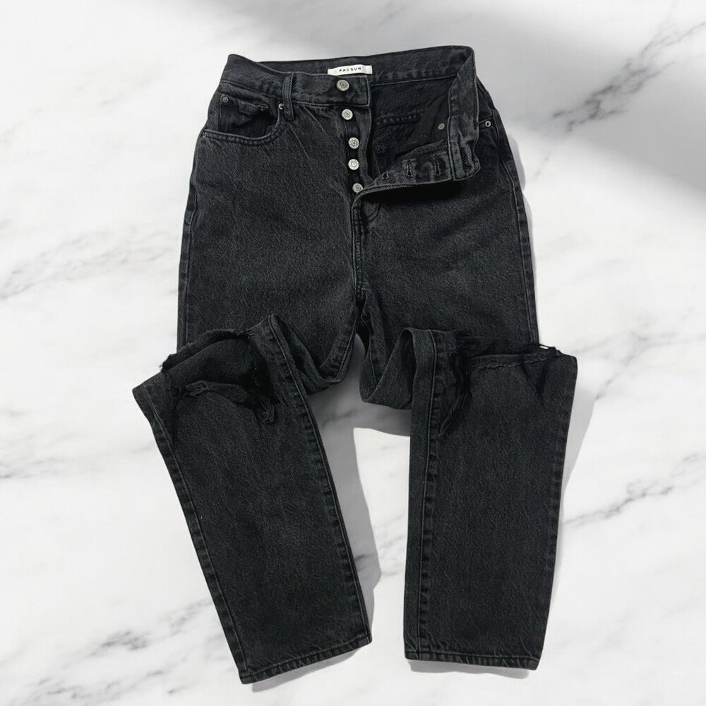 Pacsun Dad Jeans Size 25 Button Fly Distressed Baggy High Rise Washed Black